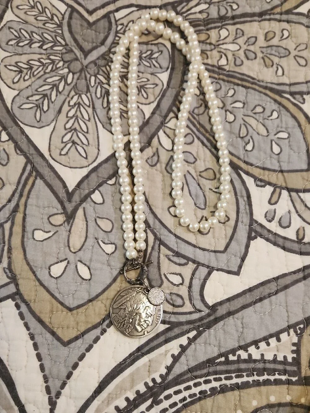 Boutique White Pearl Necklace with Buffalo Nickel Pendant